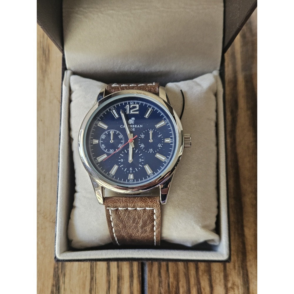Caribbean Joe Mens Chronograph Watch Blue Sunray Dial Brown Faux Leather Strap